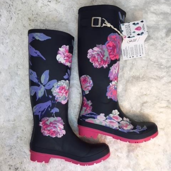 NWT Joules Floral Print Navy High Shaft Rain Boot - Picture 6 of 7